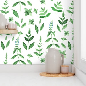 Watercolor Herbs Wallpaper - Watercolor Basil By Dariara - Herbs Plants Custom Printed Removable Self Adhesive Wallpaper Roll by Spoonflower