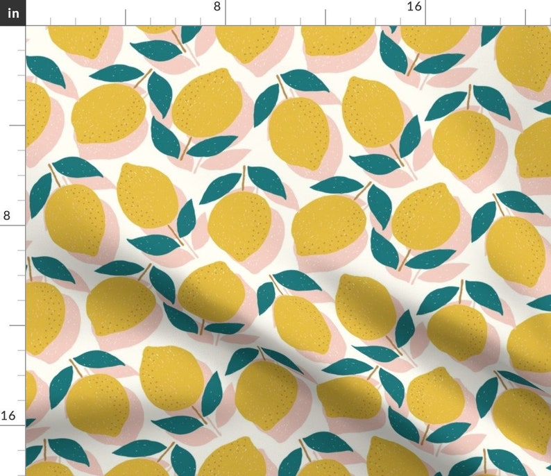 Lemon Fabric Lemons By Littlefoxhill Lemon Yellow Pink Mod Citrus Fruit Kitchen Decor Cotton Fabric By The Yard With Spoonflower image 1