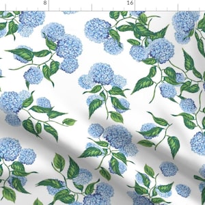 Hydrangea Floral Fabric - Hydrangea Blue by chrissyink - Blue Green Botanical Garden Bloom Meadow Hamptons Fabric by the Yard by Spoonflower