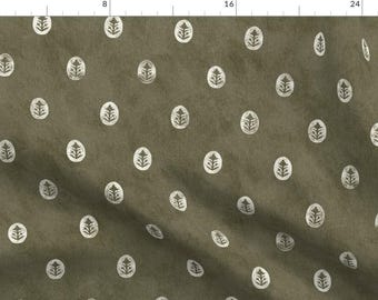 Botanical Fabric - Block Floral Moss Small by apostrofodesign - Cottagecore Block Print Antique Boho Moody Fabric by the Yard by Spoonflower