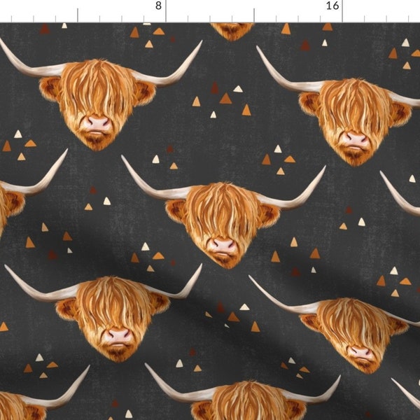 Highland Cattle Fabric - Highland Cow On Grey Medium By Red Raspberry Design - Bull Steer Farm Cotton Fabric by the Yard with Spoonflower