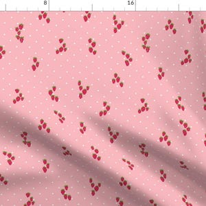 Strawberries Fabric - Wild Strawberries In Vintage Pink And White Dots By Thislittlestreet - Strawberries Fabric With Spoonflower