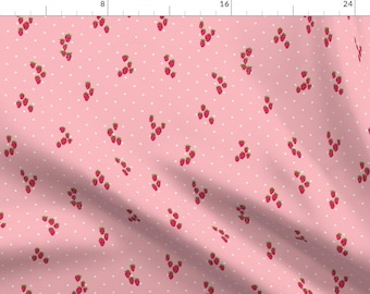 Strawberries Fabric - Wild Strawberries In Vintage Pink And White Dots By Thislittlestreet - Strawberries Fabric With Spoonflower