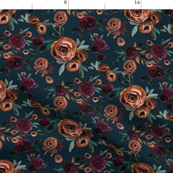 Floral Fabric - Autumn Rose By Crystal Walen - Merlot Teal Burgundy Flowers Botanical Garden Cotton Fabric By The Yard With Spoonflower