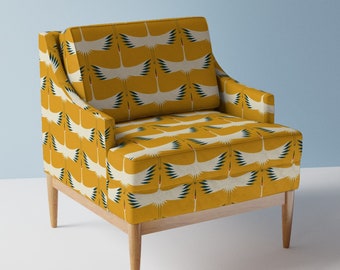 Mid Century Gold Upholstery Fabric- Whooping Cranes by katerhees - Mustard Yellow Retro Traditional  Fabric By The Yard With Spoonflower