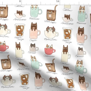 Coffee & Cats Fabric - Coffee Cats By Pinkowlet - Novelty Kitsch Kitty Cats Coffee Mugs Hipster Cotton Fabric By The Yard With Spoonflower