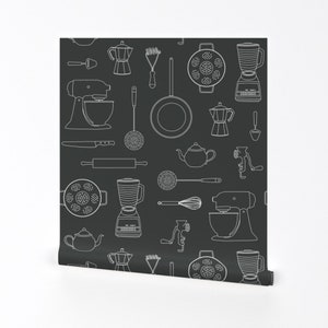 Kitchen Wallpaper Kitchen Tools White On Dark Gray By Johannak Gray Gadgets Food Removable Self Adhesive Wallpaper Roll by Spoonflower image 1