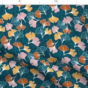 Ginkgo Leaves Abstract Fabric - Ginkgos On Ocean With Black Vines By Andrusgardens - Ginkgo Cotton Fabric By The Yard With Spoonflower