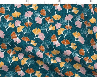 Ginkgo Leaves Abstract Fabric - Ginkgos On Ocean With Black Vines By Andrusgardens - Ginkgo Cotton Fabric By The Yard With Spoonflower