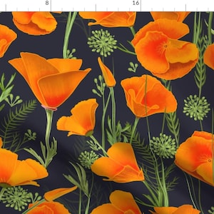 Orange Poppies Fabric - Poppies Outside by katieosheadesign - California Poppy Orange Blue Floral Art Fabric by the Yard by Spoonflower