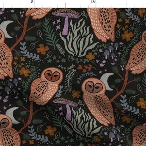 Moody Fabric - Mystical Midnight Forest by good_lemon_studio - Whimsical Gothic Owls Mushrooms Mystical Fabric by the Yard by Spoonflower