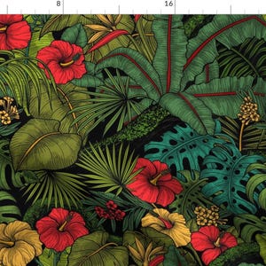 Tropical Green Leaves Fabric - Tropical Garden, Green And Red By Katerina Kirilova - Tropical Cotton Fabric By The Yard With Spoonflower