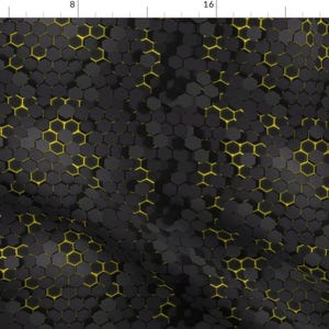 May include: A black and yellow geometric pattern with a honeycomb design. The pattern is made up of small hexagons, with the yellow hexagons outlined in black. The pattern is repeated throughout the image.
