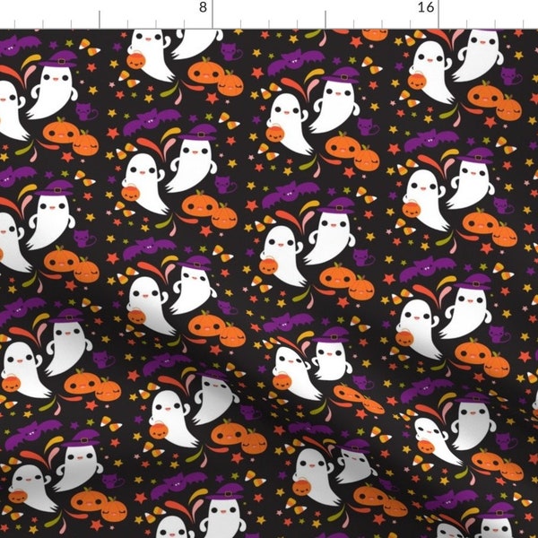 Kawaii Halloween Fabric - Kawaii Ghosts Black By Boredinc - Spooky Kawaii Halloween Cotton Fabric By The Yard With Spoonflower