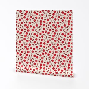 Whimsical Cherry Removable Peel and Stick Wallpaper - Silly Cute Red Cream - Wall Art Wall Decor - Red Cherries With Faces by fuchsiafeeling
