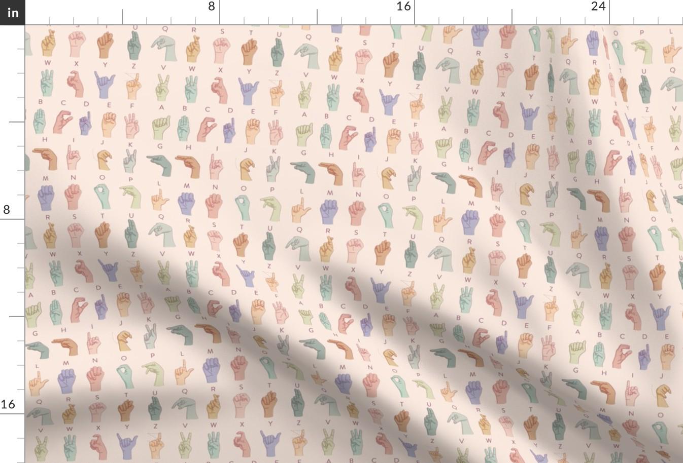 Colorful Asl Fabric - Asl Alphabet by nurseinsomniac - Alphabet Sign Language Hearing Impaired Hands Deaf Fabric by the Yard by Spoonflower