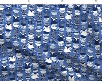 Cats in Bowls Fabric - Swedish Folk Cats By Selmacardoso - Blue Floral Kitty Cat Scandinavian Mod Cotton Fabric By The Yard With Spoonflower