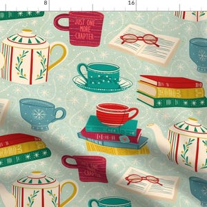 Cozy Reading Fabric - Happy Winter Reading By Handypanda - Books Library Blue Red Yellow Coffee Cotton Fabric By The Yard With Spoonflower