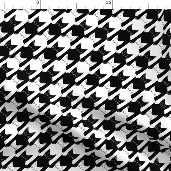Kitty Houndstooth Fabric - Cats-Tooth In Black And White (Large Scale) By Eleventy-Five - Cat Cotton Fabric By The Yard With Spoonflower