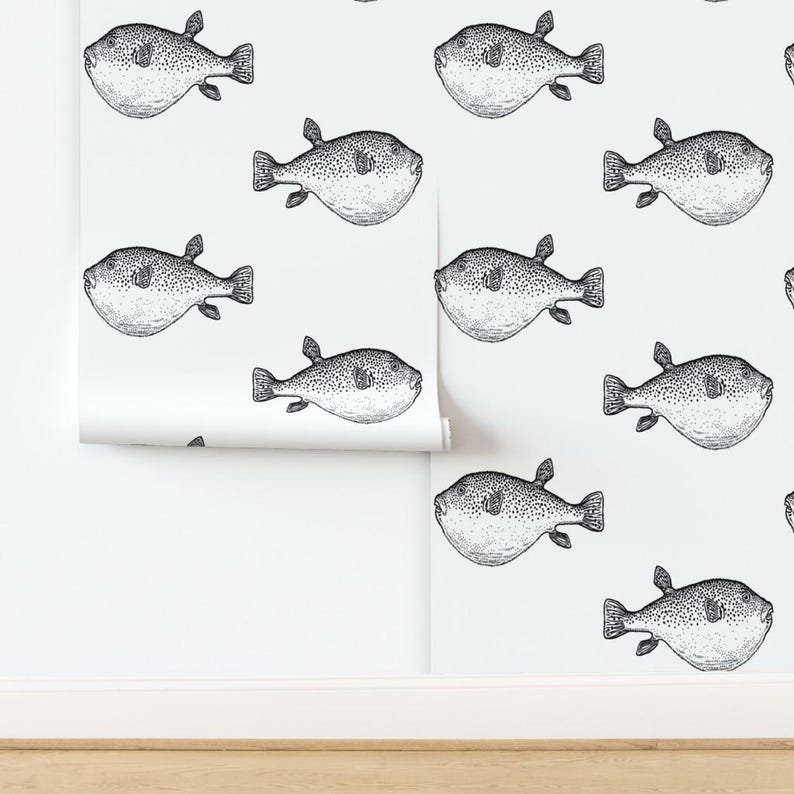 Buffer Fish Peel and Stick Wallpaper - Blowfish Puffer Fish Blowfish Coastal Chic - Removable Wall Decor Art - Pufferfish by eti_enne image 4