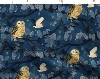 Owl Fabric - Room With A Woo By Appleyards - Owl Navy Blue Nighttime Bedtime Birds Beige Moon Cotton Fabric By The Yard With Spoonflower