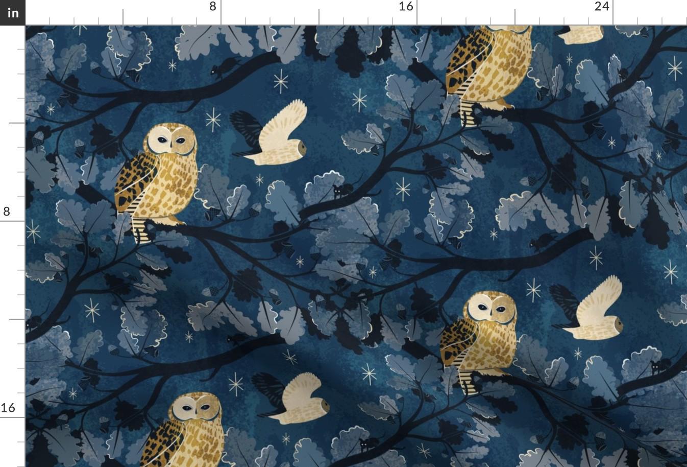 Owl Fabric - Room With A Woo By Appleyards - Owl Navy Blue Nighttime Bedtime Birds Beige Moon Cotton