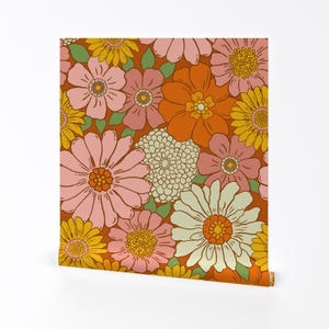 Retro 70er Jahre Blumen Tapete zum Abziehen und Aufkleben - Vintage Stil Nostalgie - 70er Jahre Boho Blumen Tapete von mariarein