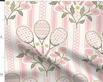 Cottagecore Tennis Fabric - Preppy Tennis Fans by misentangledvision - Grandmillennial Floral Sports Pink Fabric by the Yard by Spoonflower