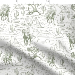 Op de afbeelding: Een naadloos patroon met cowboys die op paarden rijden in een woestijnlandschap. Het patroon is in tinten groen en wit, met cactussen, bergen en wolken op de achtergrond.