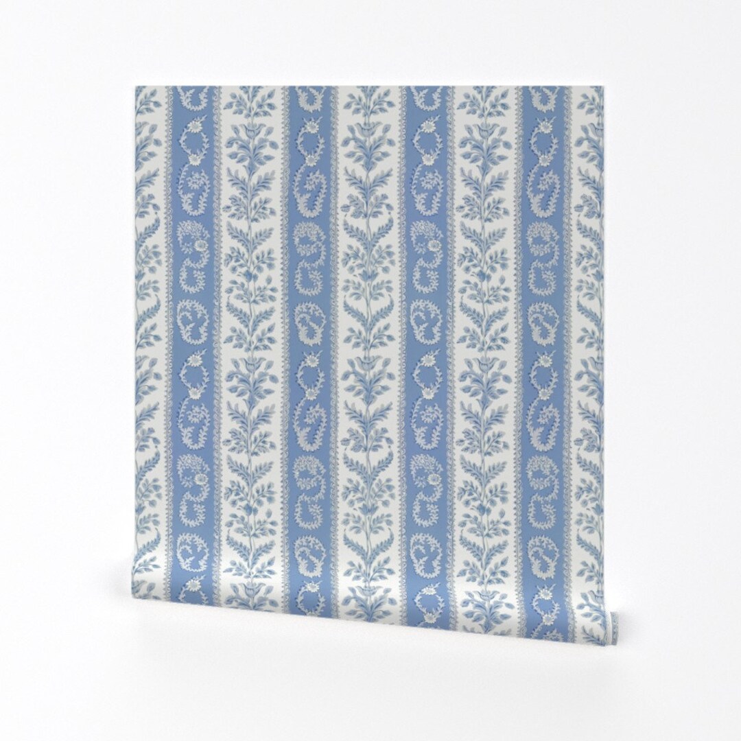 Blue Floral Stripe Wallpaper Blue Cornflower Stripe by Whitneyenglish