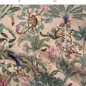 Jungle Chinoiserie Fabric - Tropical Paradise by smokeinthewoods - Exotic Nature Forest Wild Animals Lemur Fabric by the Yard by Spoonflower