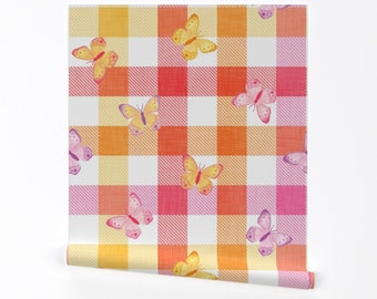 Papier peint Butterfly Check - Cheerful Checks par bobbieval - Papier peint amovible amovible à carreaux rose jaune orange par Spoonflower