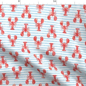 Lobster Fabric - Lobsters - Red On Blue Stripes By Littlearrowdesign - Lobster Red Blue Stripes Cotton Fabric By The Yard With Spoonflower