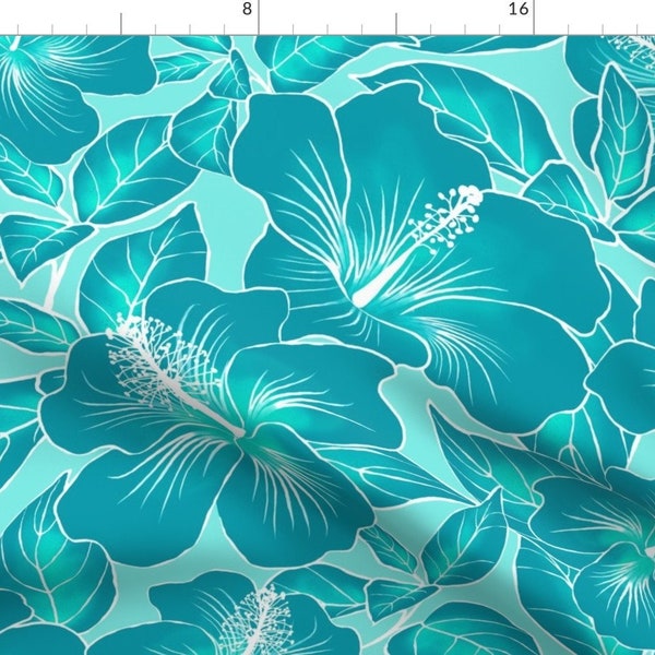 Tropical Floral Fabric - Hibiscus Batik Teal On Aqua 150 By Kadyson - Blue Hibiscus Flower Cotton Fabric By The Yard With Spoonflower