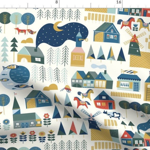 Scandinavian Village Windmill Fabric - Scandinavian Dream By Hala Kobrynska - Scandinavian Cotton Fabric By The Yard With Spoonflower