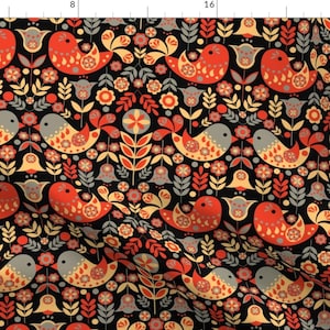 Orange Birds Fabric - Folk Scandinavian Art Birds And Flowers On Black By Inotra - Scandinavian Cotton Fabric By The Yard With Spoonflower