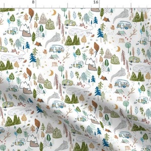 Caravan Outdoors Nature Fabric - Happy Camper (White) Med By Nouveau Bohemian - Caravan Woods Cotton Fabric By The Yard With Spoonflower