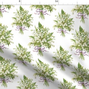 Muguet Fabric - Muguet On White By Lilyoake - Muguet Lily Of The Valley Floral White Green Ribbon Cotton Fabric By The Yard With Spoonflower
