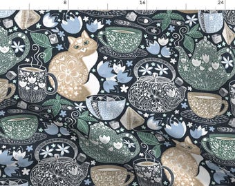 Tea And Coffee Cups Fabric - Cup Of Tea With A Coffee Cat By Perrinphilippa - Floral Scandi Green Cotton Fabric By The Yard With Spoonflower