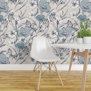 Carta da parati adesiva con elegante motivo floreale di papaveri - Grande stampa blu beige - Decorazione murale rimovibile - Elegante stile botanico di monicakane
