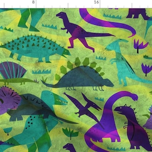Green And Purple Dinosuar Nursery Fabric - Dinosaur World By Karismithdesigns - Nursery Cotton Fabric By The Yard With Spoonflower image 1