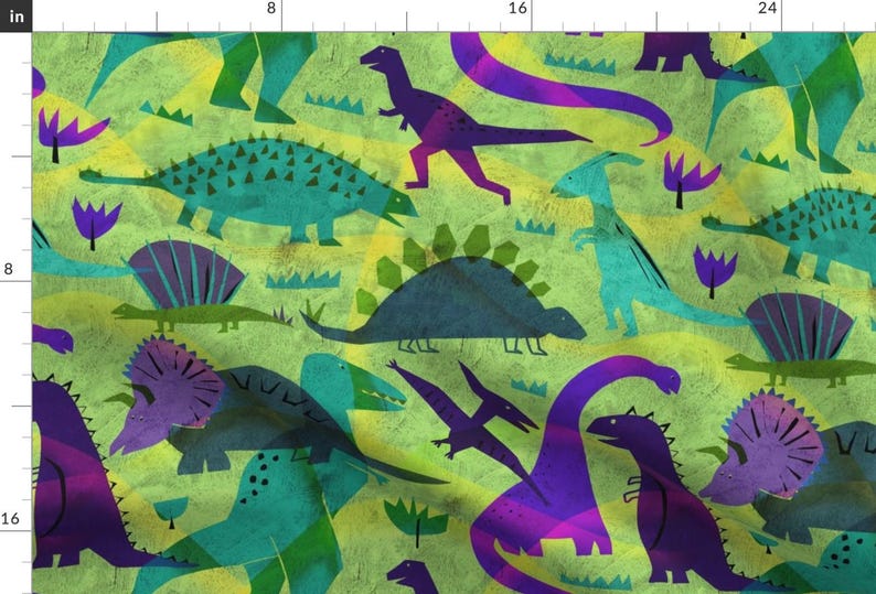 Green And Purple Dinosuar Nursery Fabric - Dinosaur World By Karismithdesigns - Nursery Cotton Fabric By The Yard With Spoonflower image 1