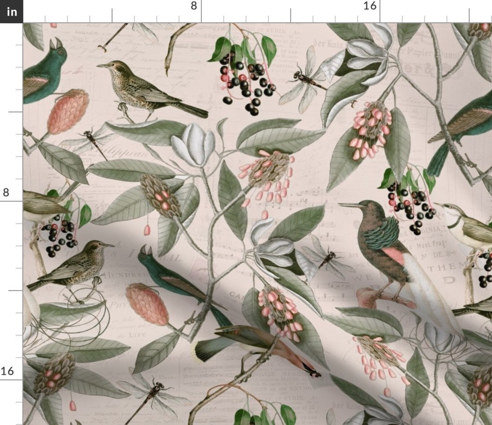Magnolia Floral Fabric Vintage Magnolia Flowers Birds Etsy