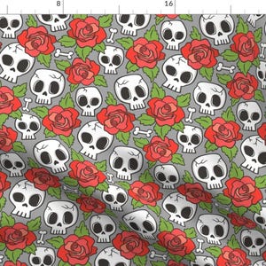 Red Roses And Skulls Fabric - Skulls And Roses Red On Grey By Caja Design - Spooky Floral Cotton Fabric By The Yard With Spoonflower
