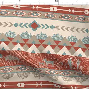 May include: A seamless pattern featuring a Southwestern-inspired design with geometric shapes, mountain peaks, and animal silhouettes in shades of red, brown, beige, and teal.