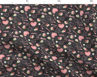 Otoscope Fabric - Floral Nurse By Littlearrowdesign - Gray Pink Doctor Stethoscope Patient Medic Cotton Fabric By The Yard With Spoonflower