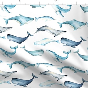 Whale Watercolor Blue Fabric - Watercolor Whales // White By Hipkiddesigns - Whale Nautical Cotton Fabric By The Yard With Spoonflower