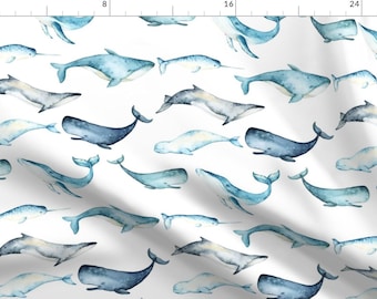 Whale Watercolor Blue Fabric - Watercolor Whales // White By Hipkiddesigns - Whale Nautical Cotton Fabric By The Yard With Spoonflower