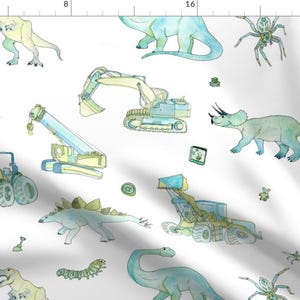 Dinosaurs and Trucks Fabric - Diggers And Dinos By Landfish - Dino Boys Baby Watercolor Nursery Cotton Fabric By The Yard With Spoonflower