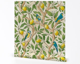 Papier peint nature - Oiseaux et citrons par chiaradesignstudio - Feuilles, branches, papier peint amovible amovible par Spoonflower